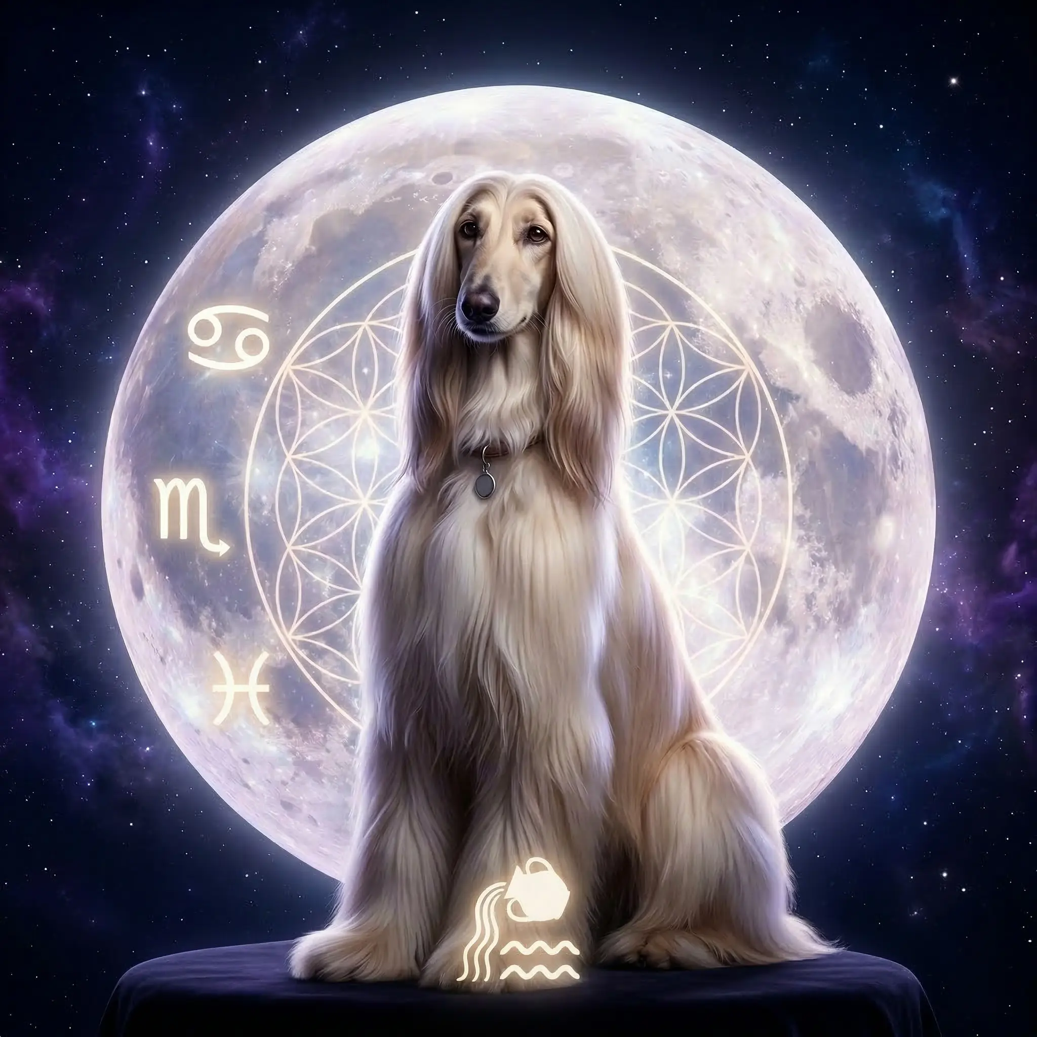 An Afghan Hound sitting before a luminous full moon surrounded by zodiac symbols